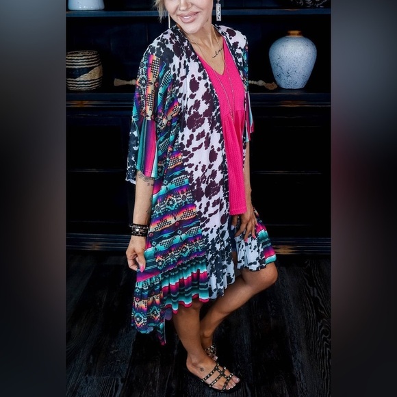 Crazy Train Cow Print Multicolor Aztec Patterned Kimono Caridgan Size O/S - Picture 1 of 7